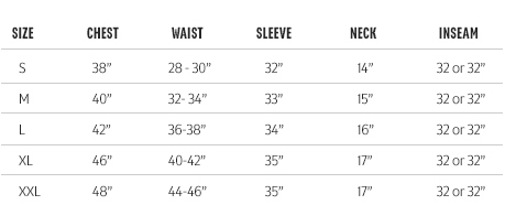Redington Men's Apparel Sizing Chart